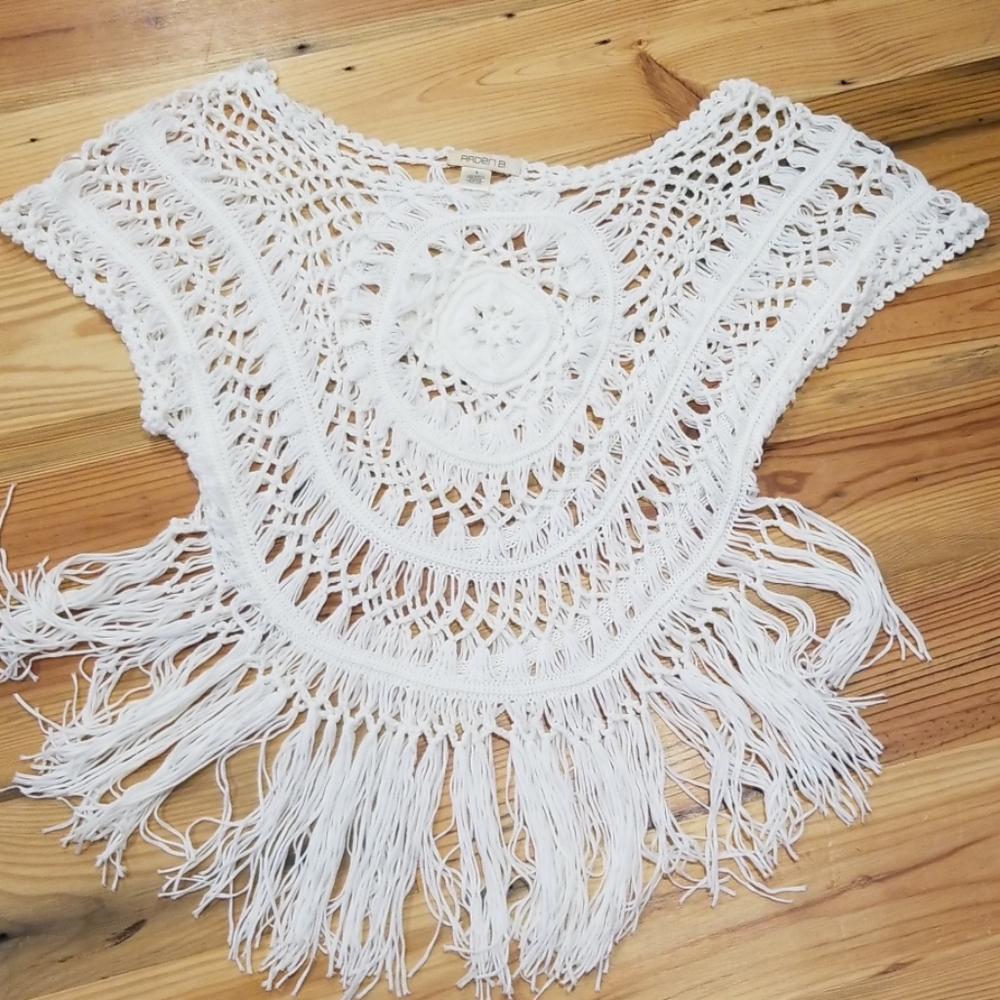 Arden B white fringed crochet top